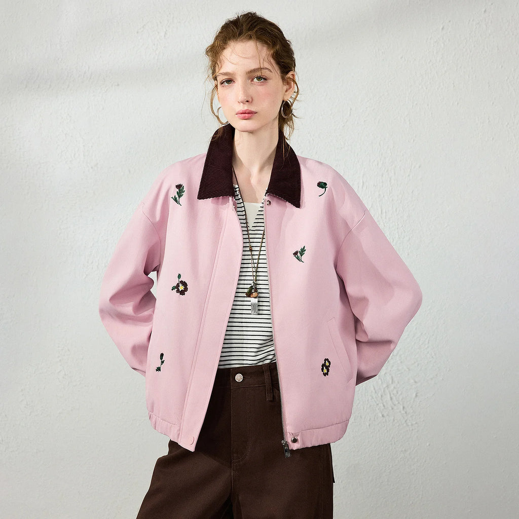 Floral-Motif Contrast-Collar Jacket
