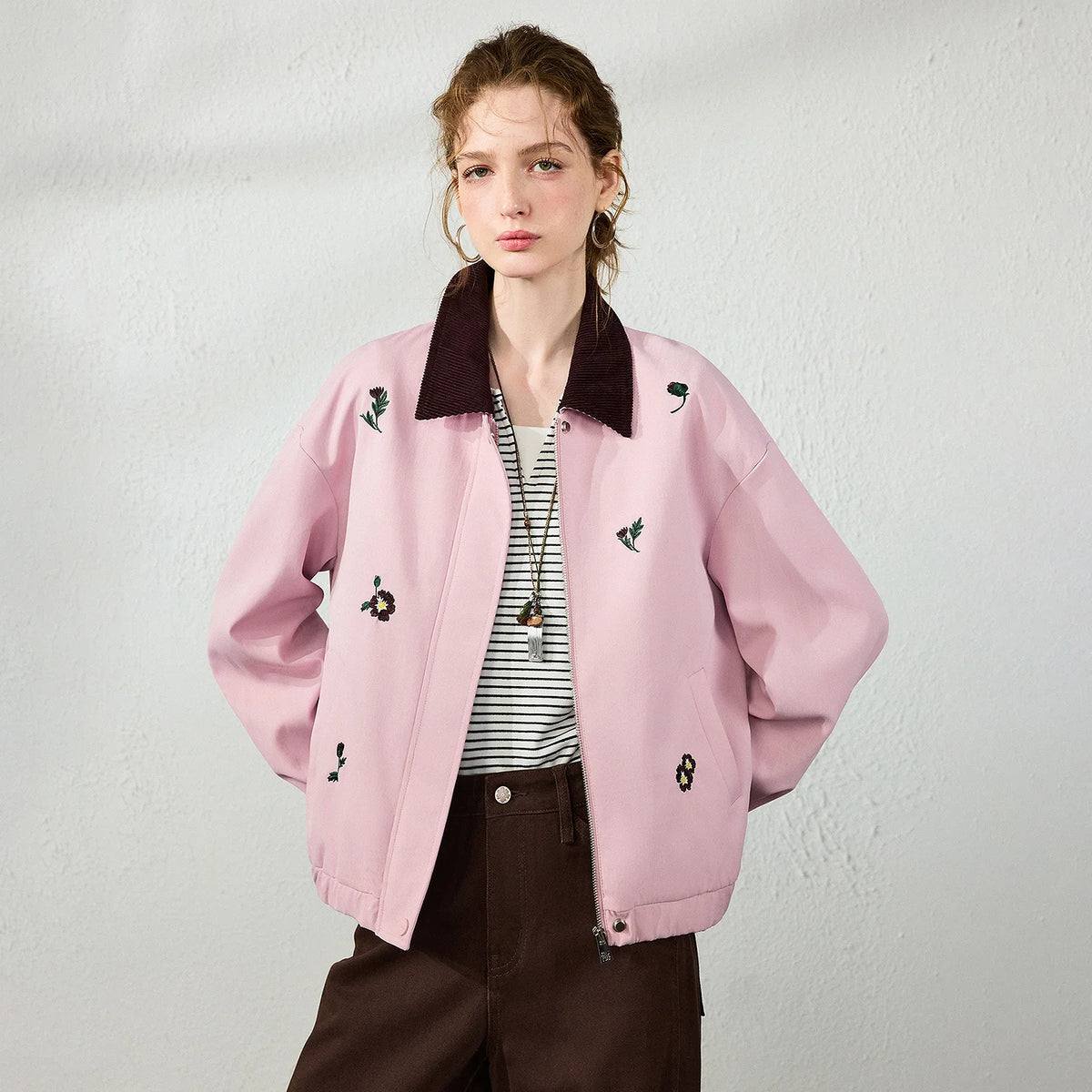 Floral-Motif Contrast-Collar Jacket