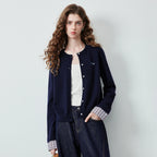Plaid-Cuff Crewneck Cardigan