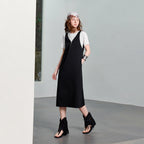 Deep V-Neck Midi Pinafore Dress