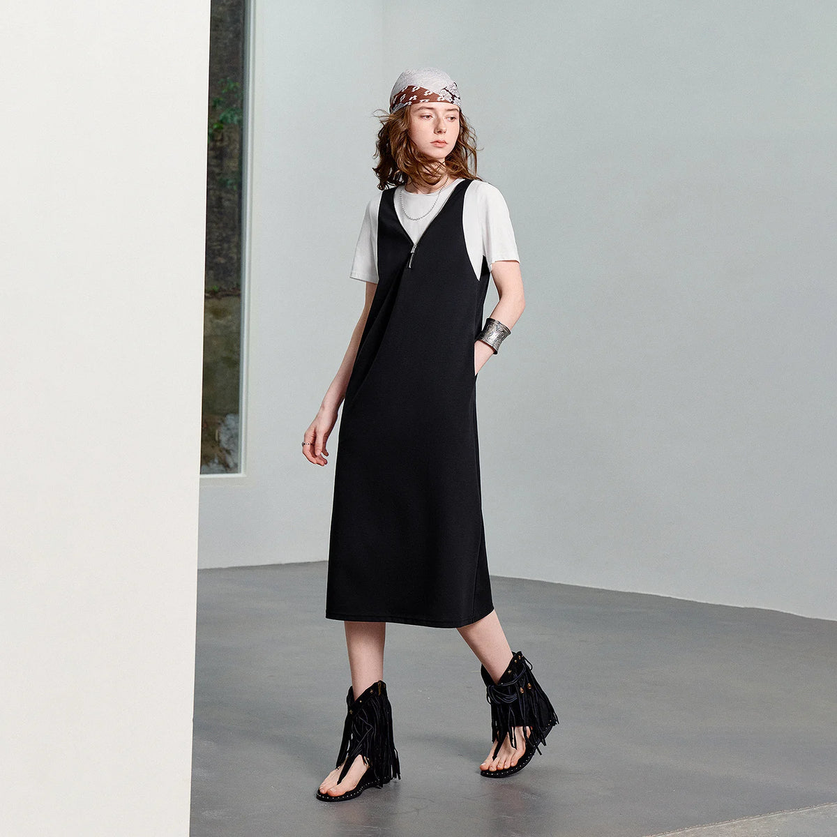 Deep V-Neck Midi Pinafore Dress