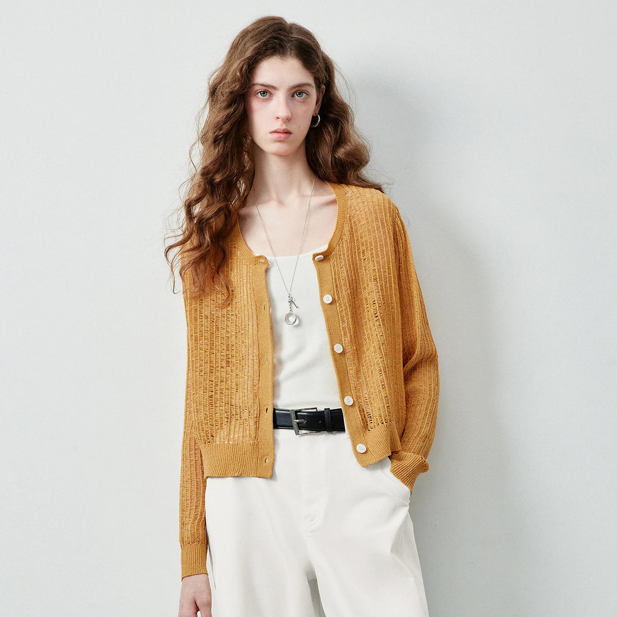 Openwork Button-Up Cardigan