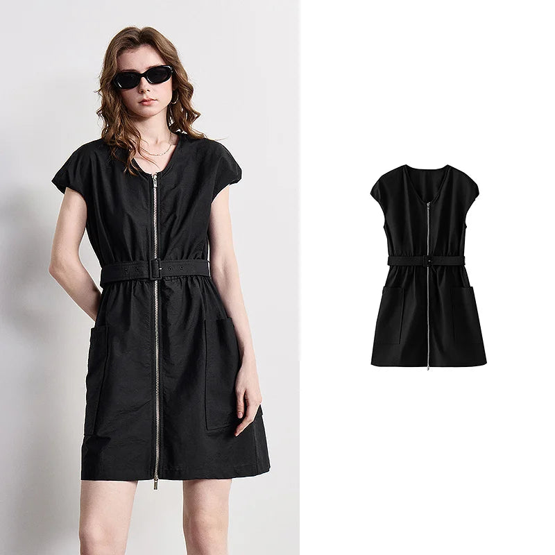 Zip-Front Belted Mini Dress