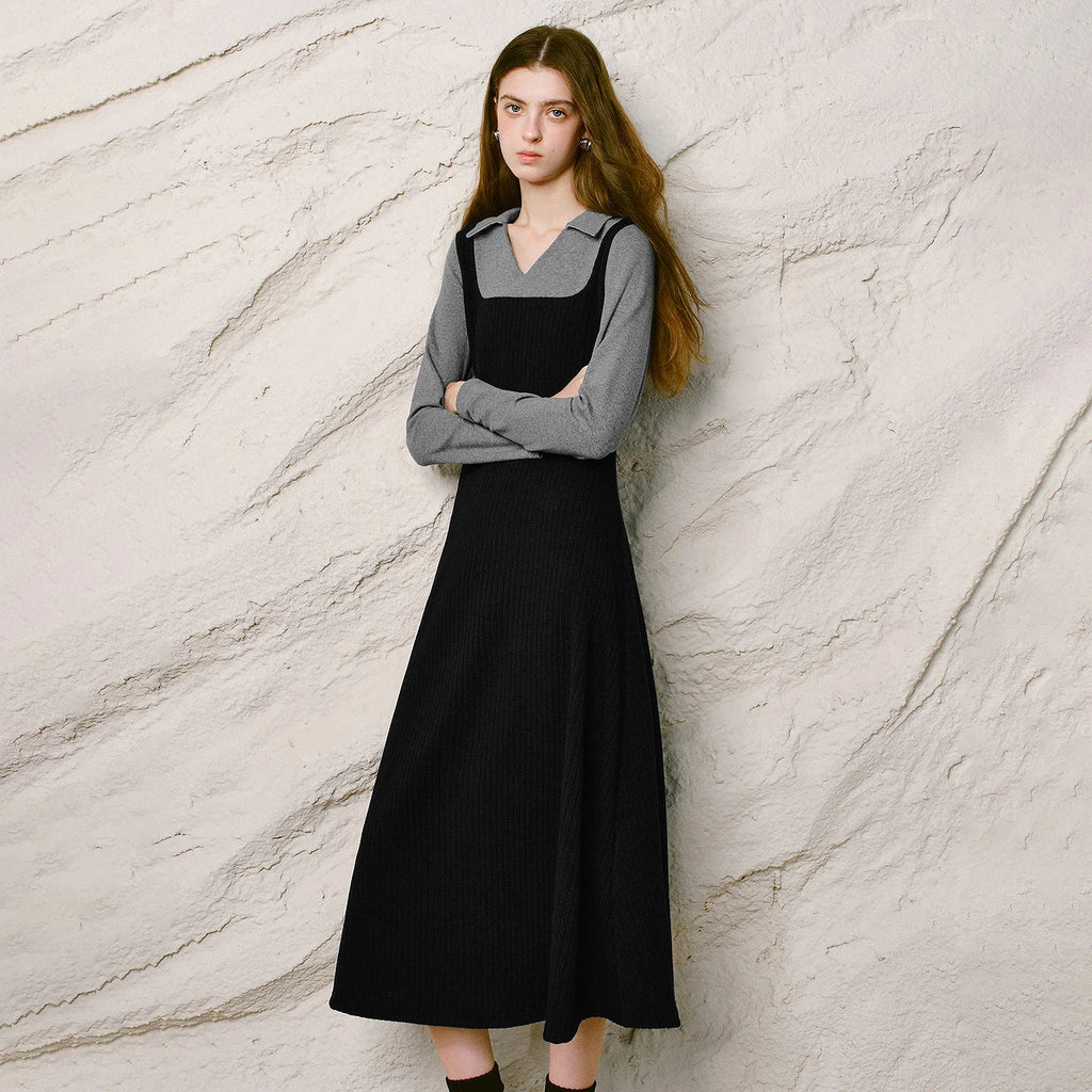 Square-Neck Midi Pinafore Dress