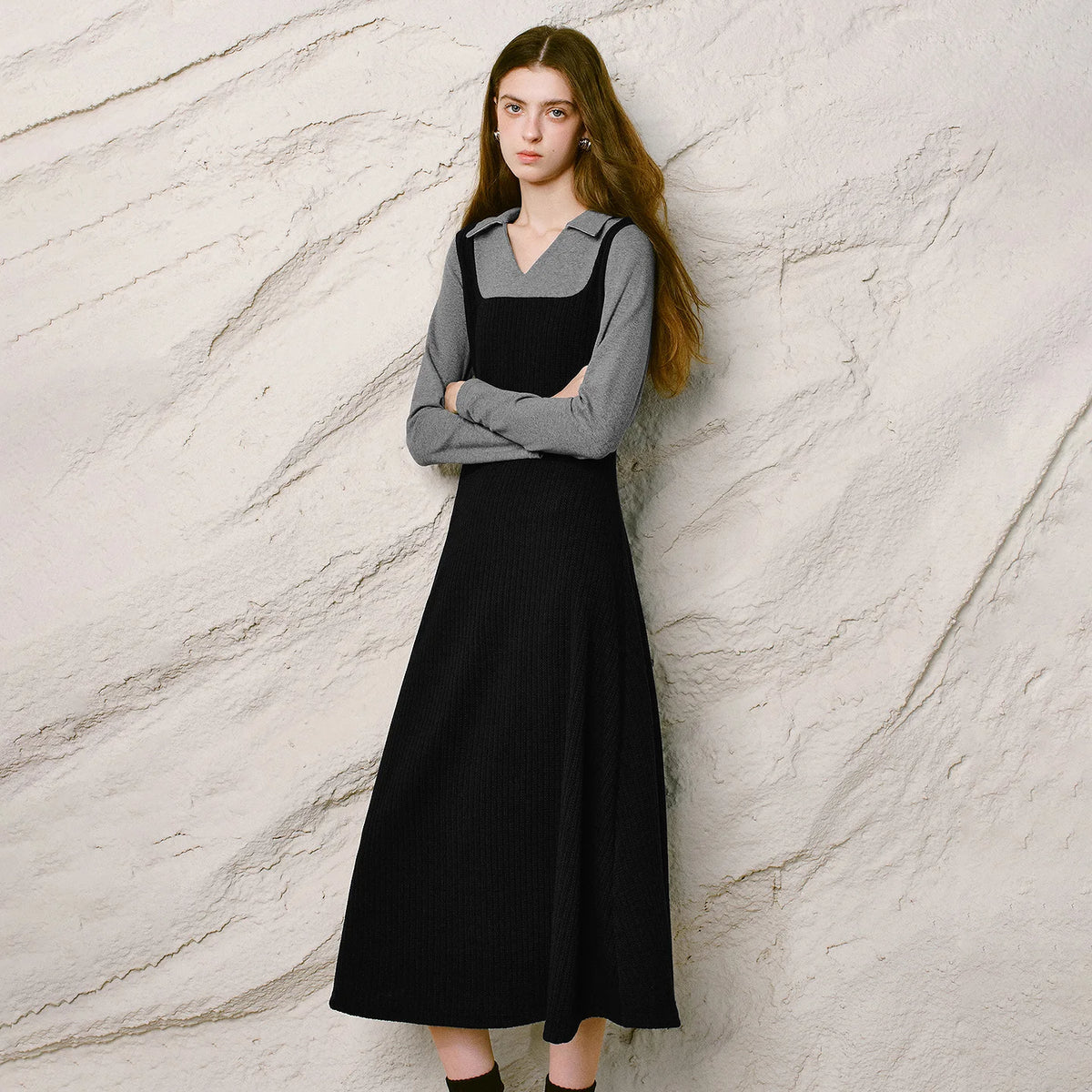 Square-Neck Midi Pinafore Dress