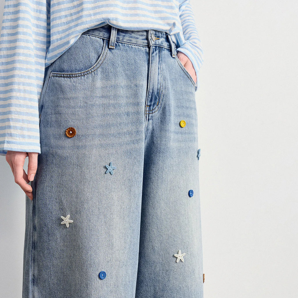 Embellished Cropped Wide-Leg Jeans