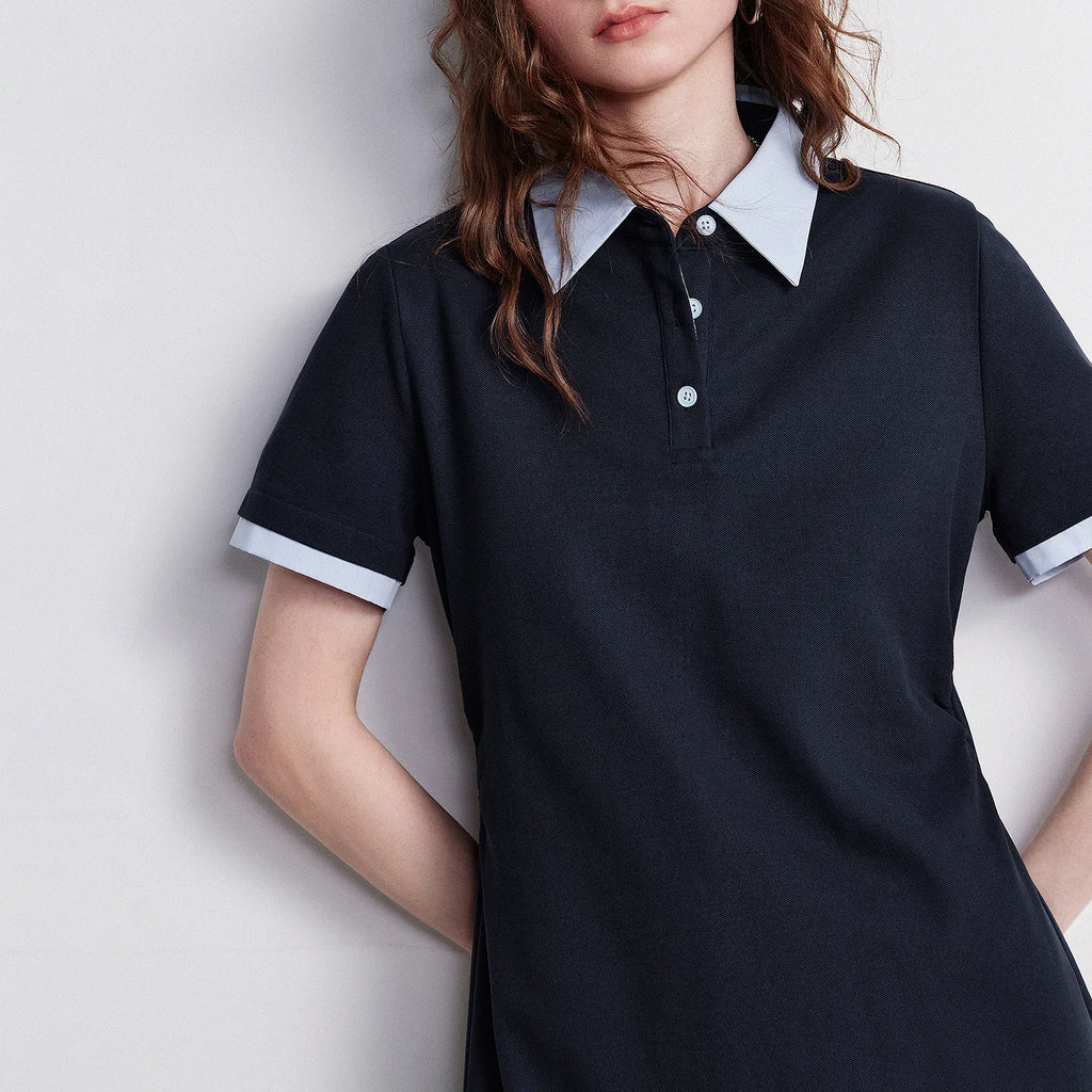 Contrast-Trim Midi Polo Dress