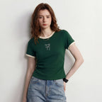Bow-Detail Contrast-Trim Fitted Tee