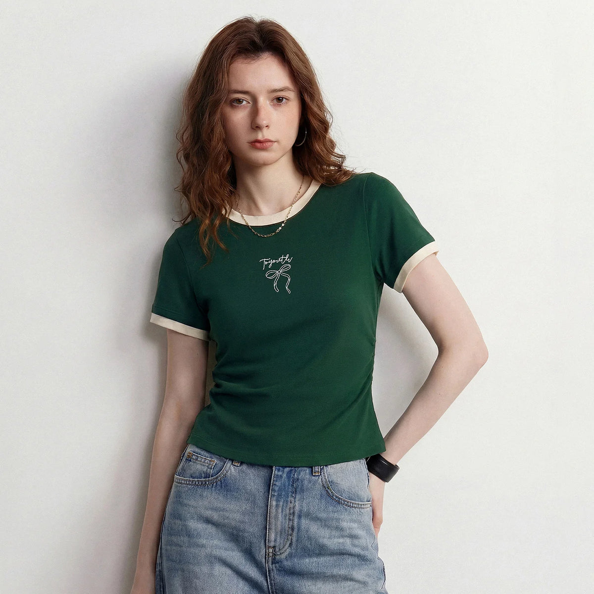 Bow-Detail Contrast-Trim Fitted Tee
