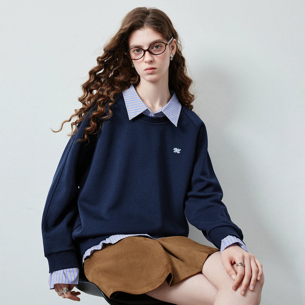 Layered-Look Striped-Collar Sweatshirt