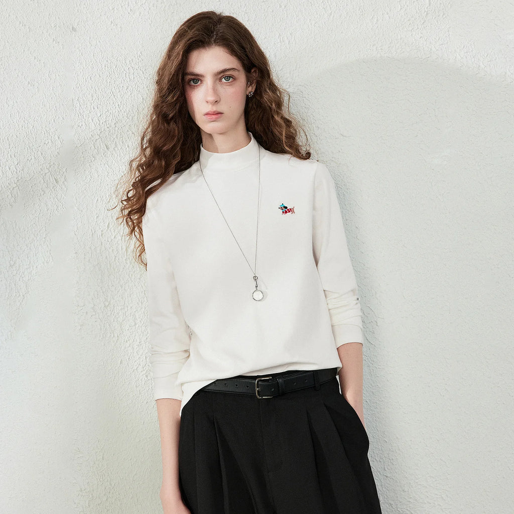 Dog-Detail Mock-Neck Long-Sleeve Tee
