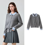 Contrast-Collar Button-Up Knit Cardigan