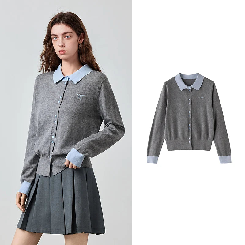 Contrast-Collar Button-Up Knit Cardigan