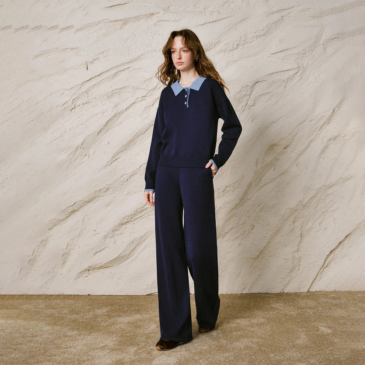Contrast-Collar Knit Pants Set