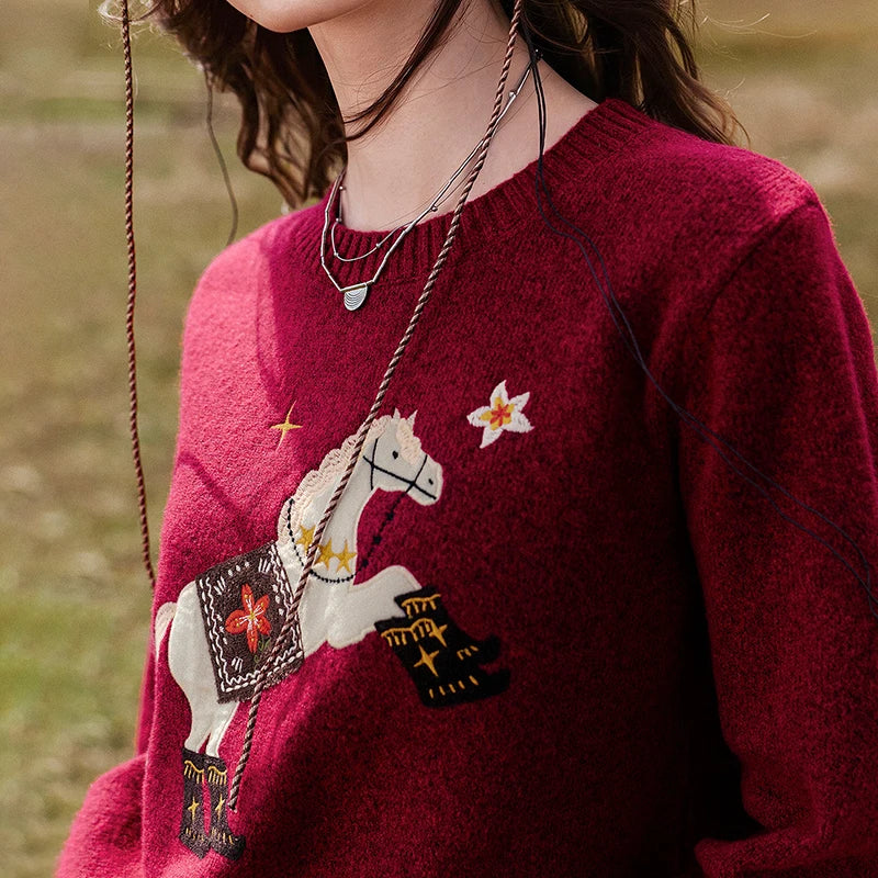 Horse-Motif Crewneck Sweater