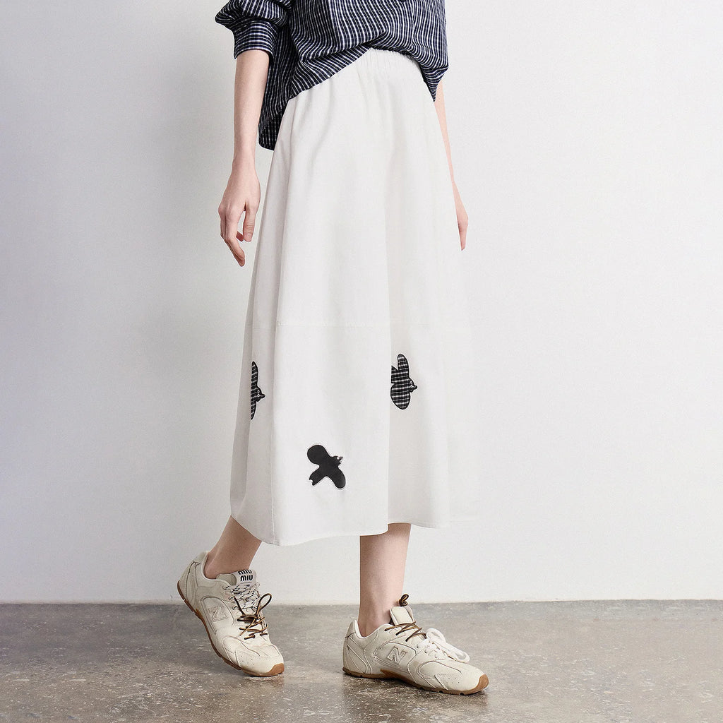 Bird-Motif A-Line Midi Skirt