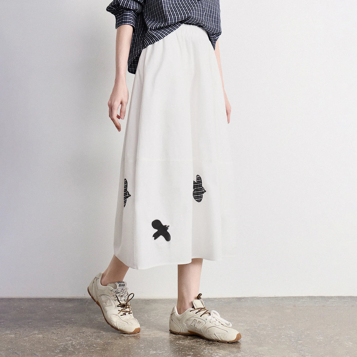 Bird-Motif A-Line Midi Skirt