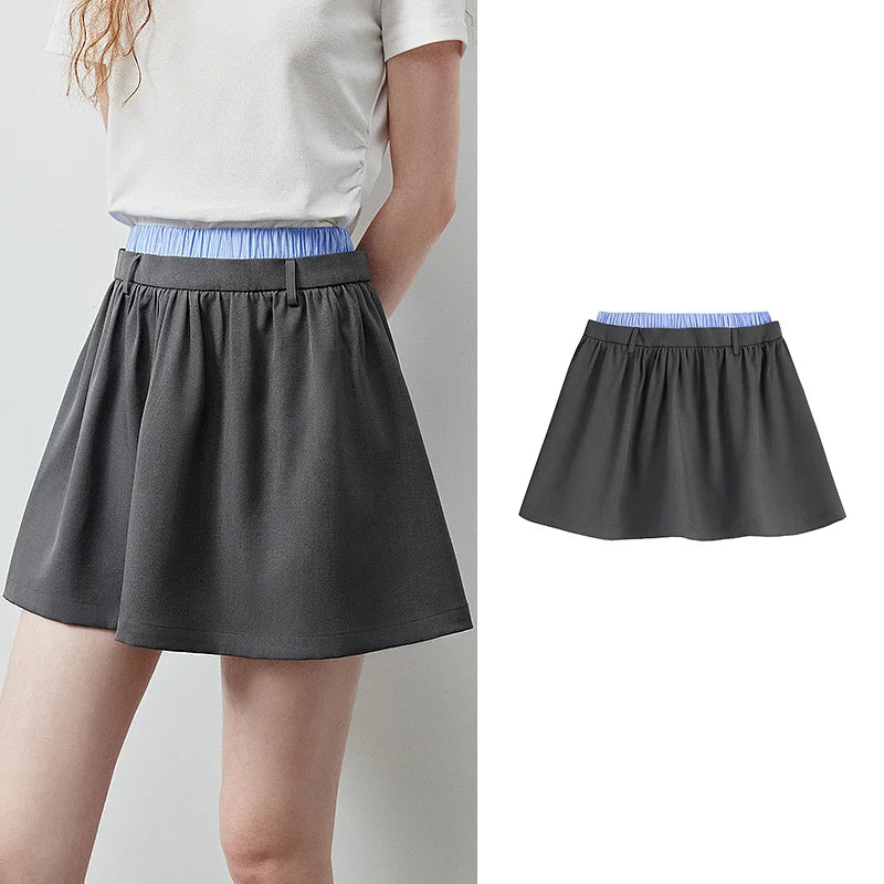 Layered-Waistband Flared Mini Skirt