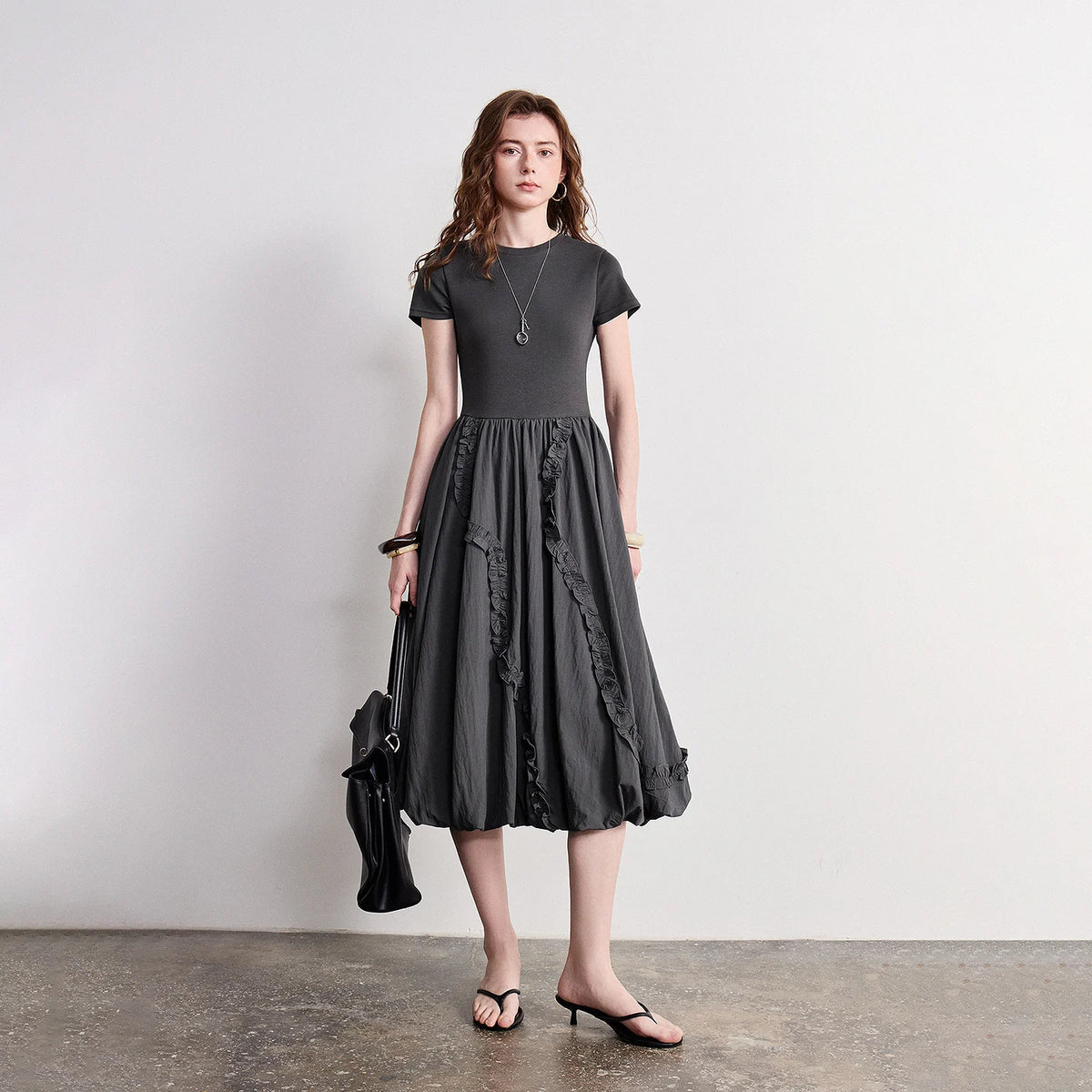 Short-Sleeve Balloon-Hem Midi Dress