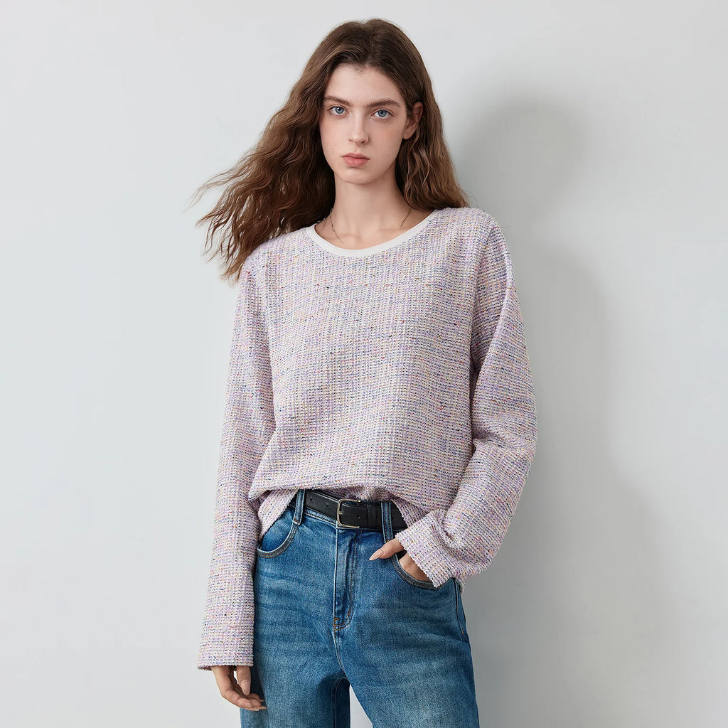 Textured Crewneck Long-Sleeve Knit Top