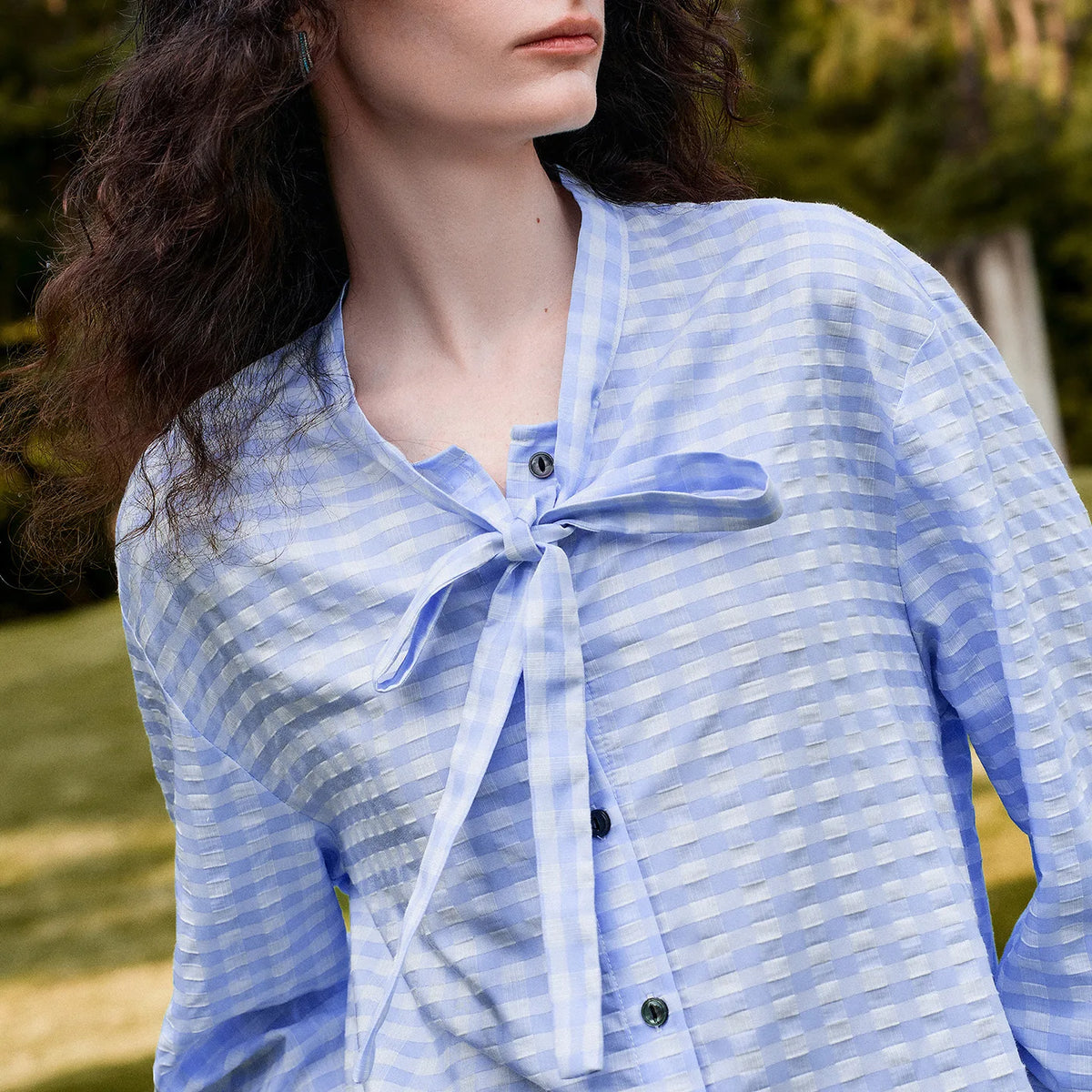 Striped Tie-Neck Button-Front Blouse
