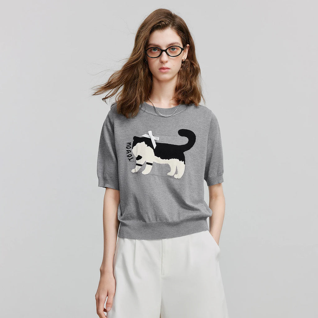 Cat-Motif Knit Tee