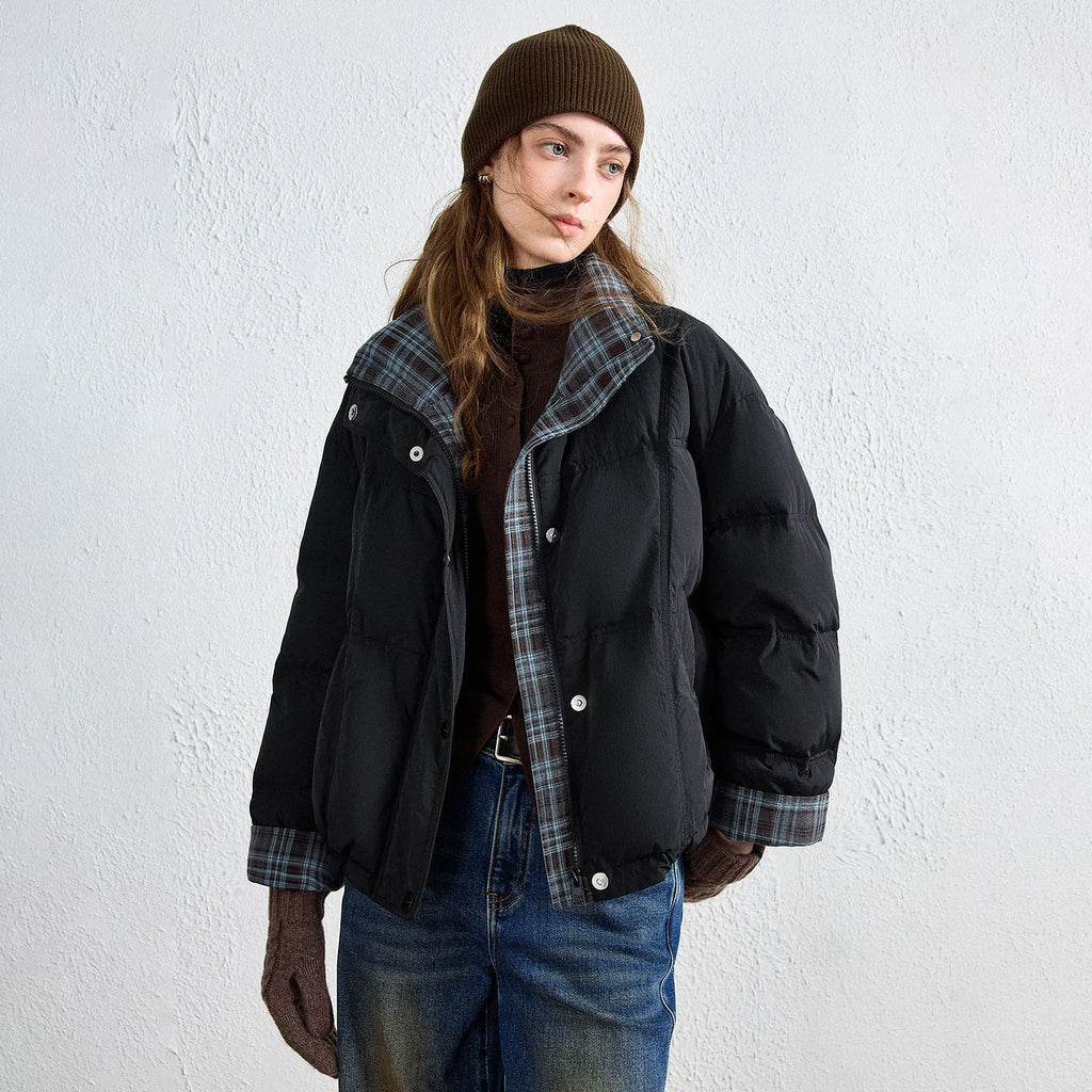 Plaid-Trim Puffer Jacket