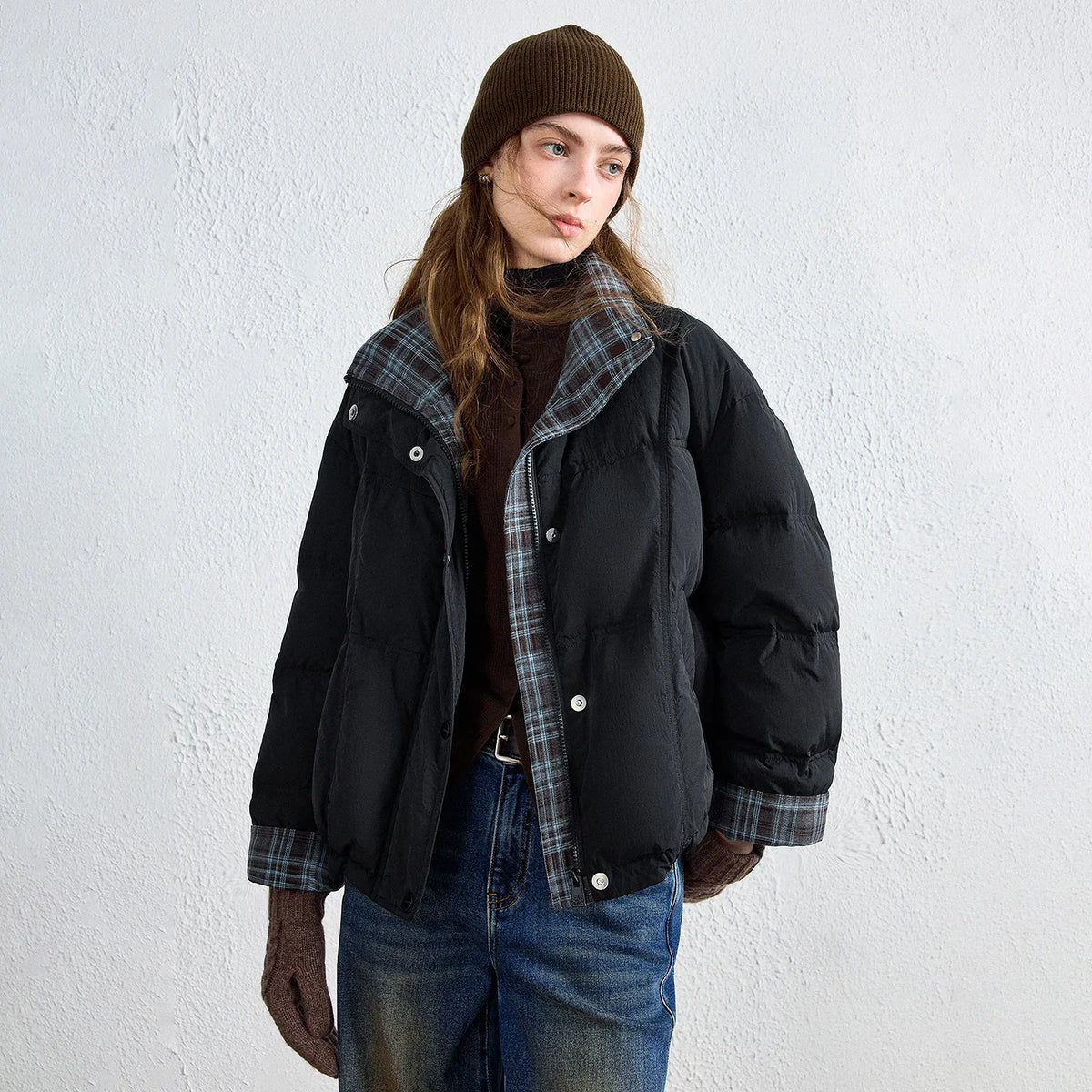 Plaid-Trim Puffer Jacket