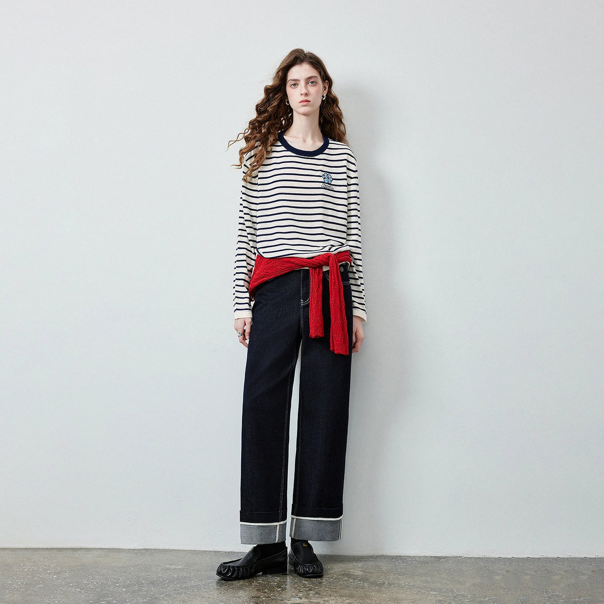 Striped Graphic Long-Sleeve Knit Top