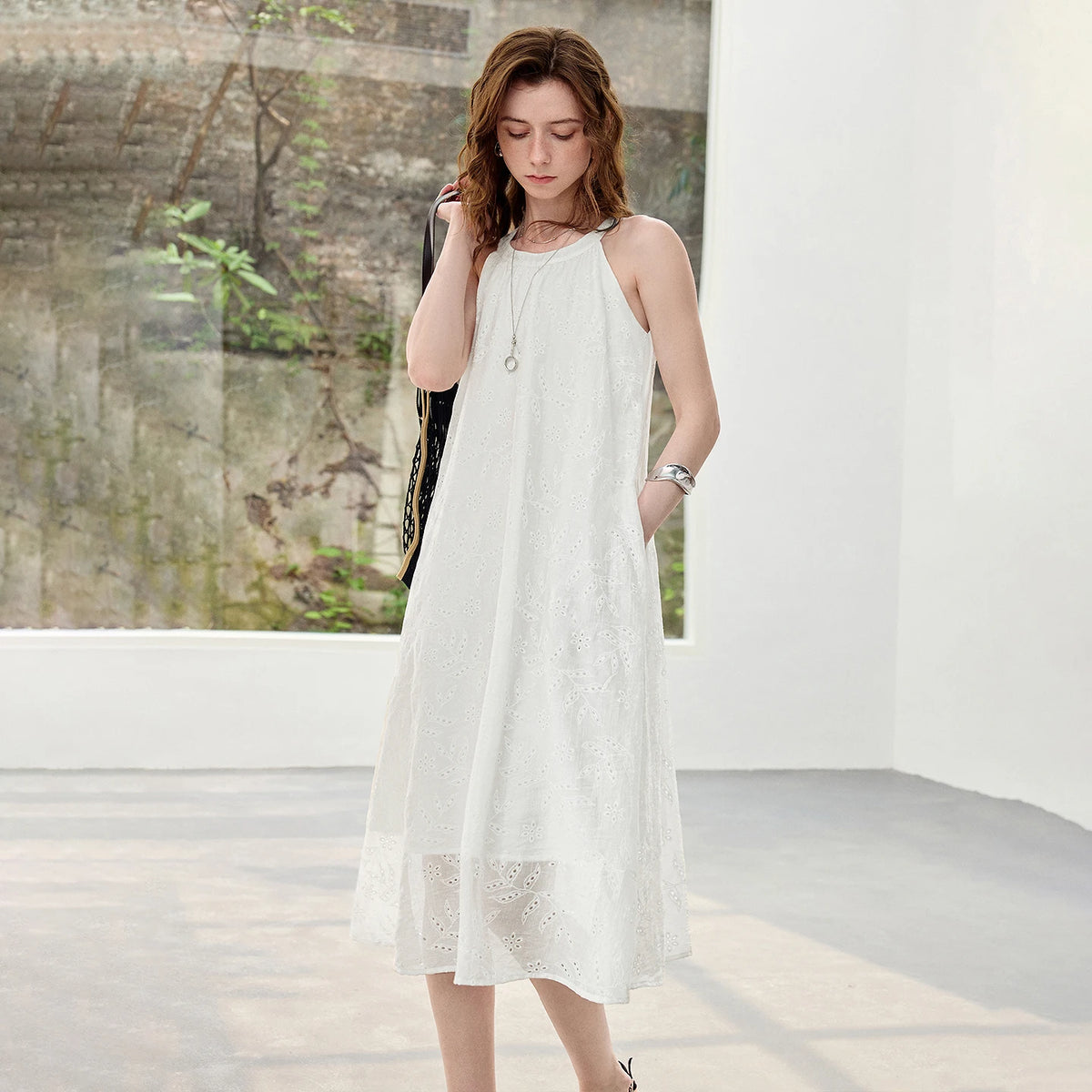 Halter-Neck Eyelet Midi Dress
