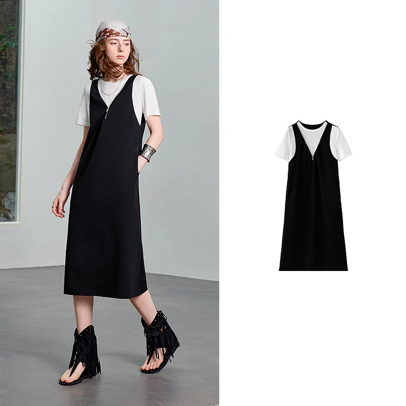 Deep V-Neck Midi Pinafore Dress