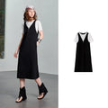 Deep V-Neck Midi Pinafore Dress