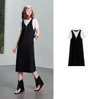 Deep V-Neck Midi Pinafore Dress