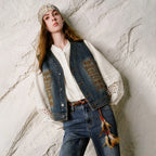 Ornate-Motif Button-Front Denim Vest