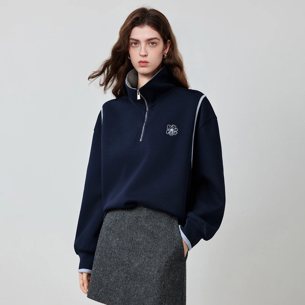 Contrast-Trim Half-Zip Sweatshirt