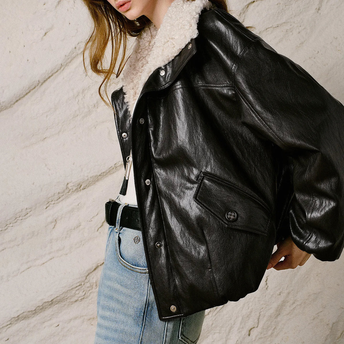 Textured-Collar Glossy Zip Jacket