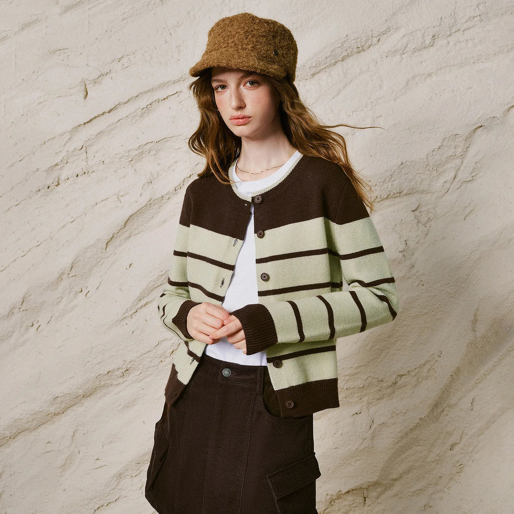 Contrast-Stripe Crewneck Cardigan
