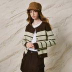 Contrast-Stripe Crewneck Cardigan