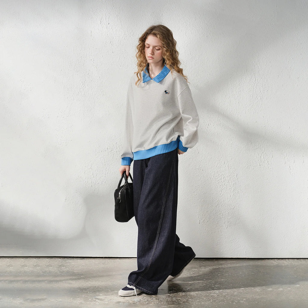 Contrast-Trim Collared Sweatshirt