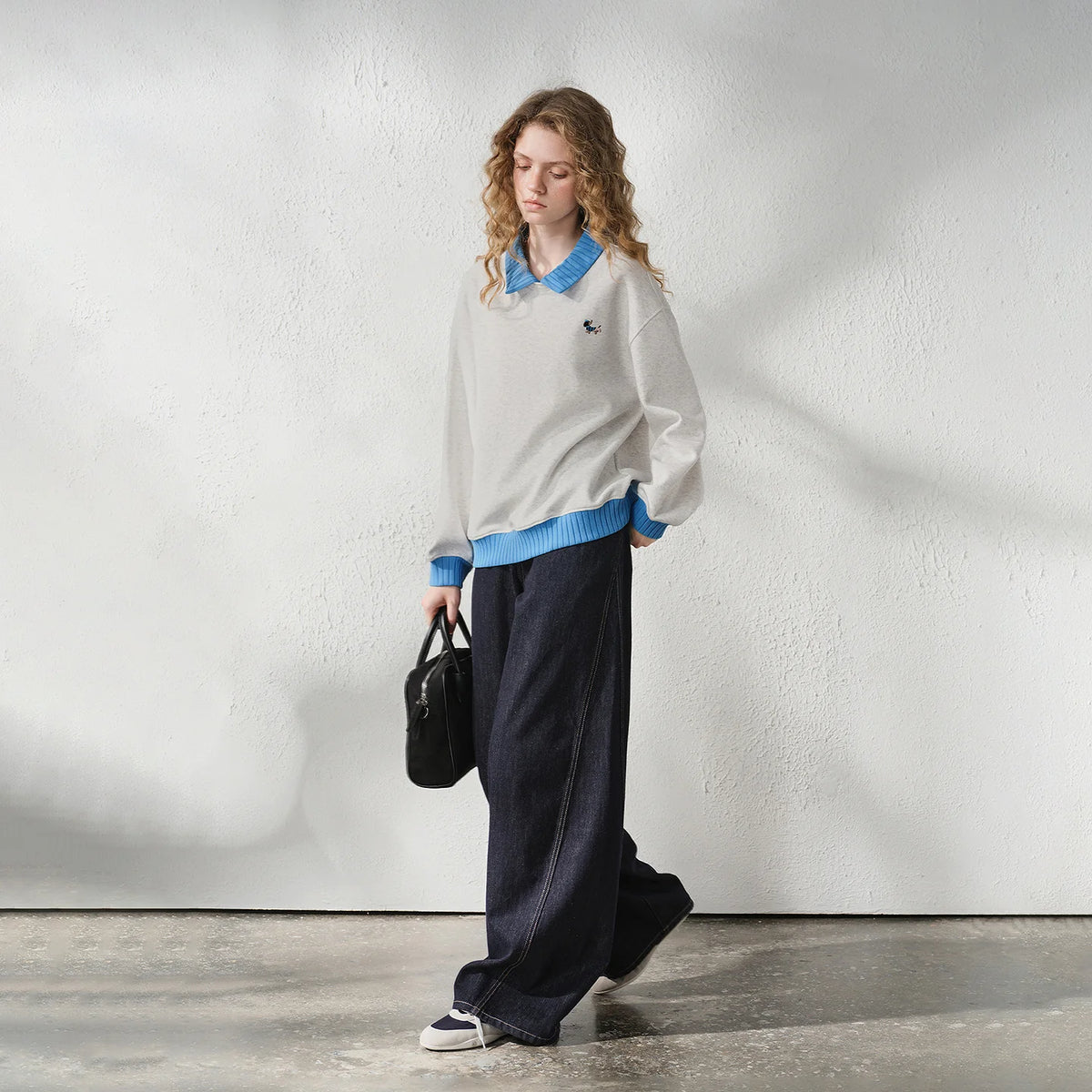 Contrast-Trim Collared Sweatshirt