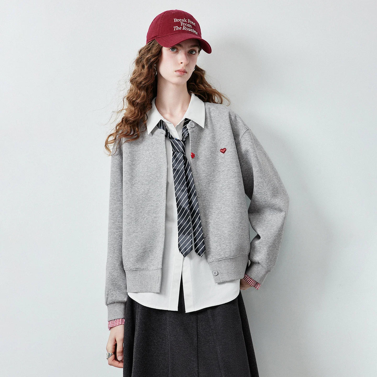Heart-Motif Button-Front Sweatshirt