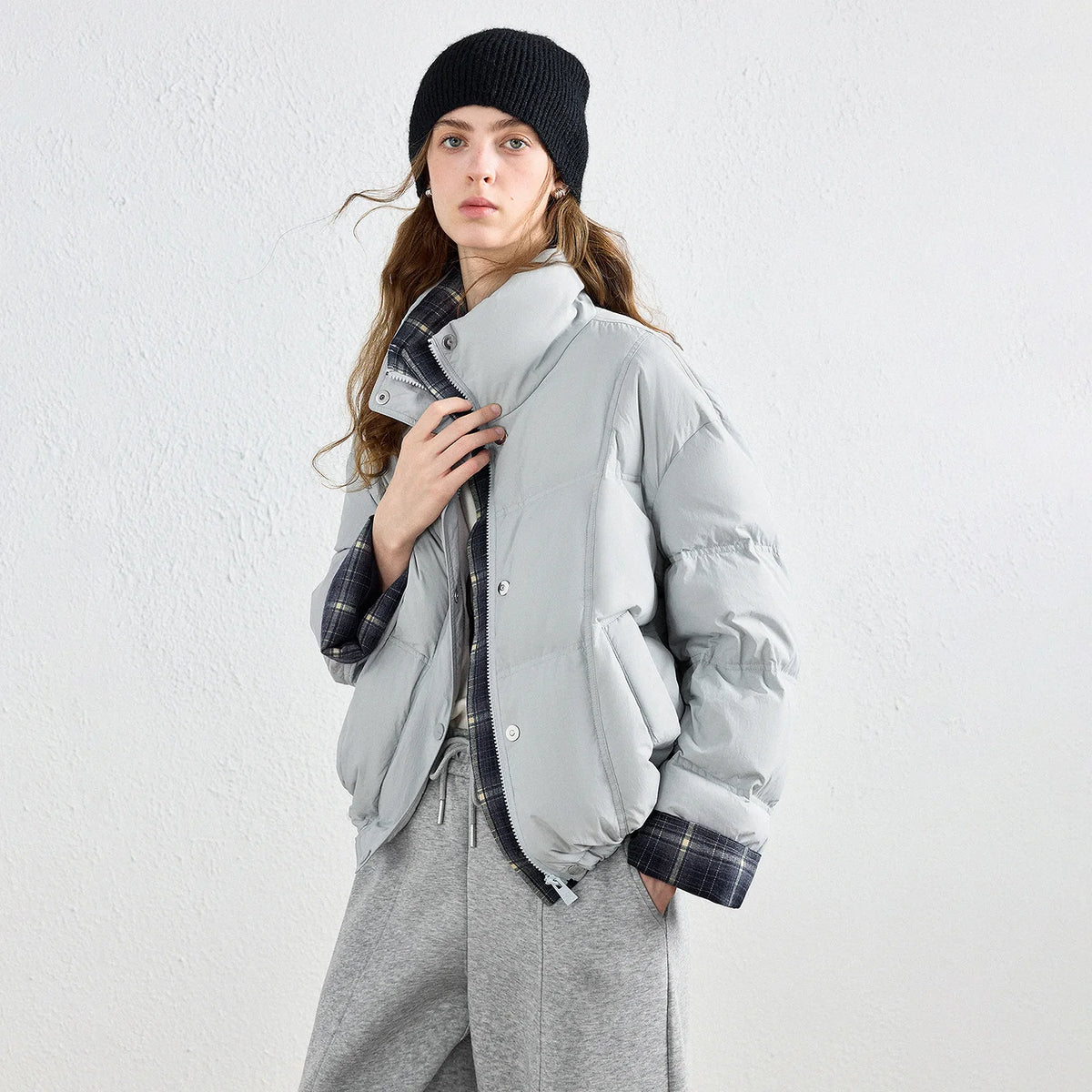 Plaid-Trim Puffer Jacket