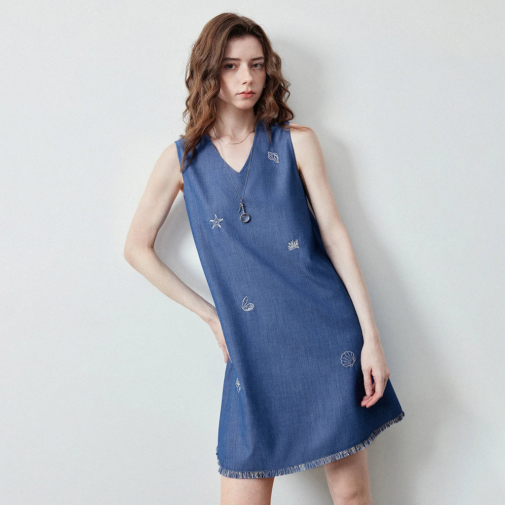 Sea-Motif V-Neck Mini Dress
