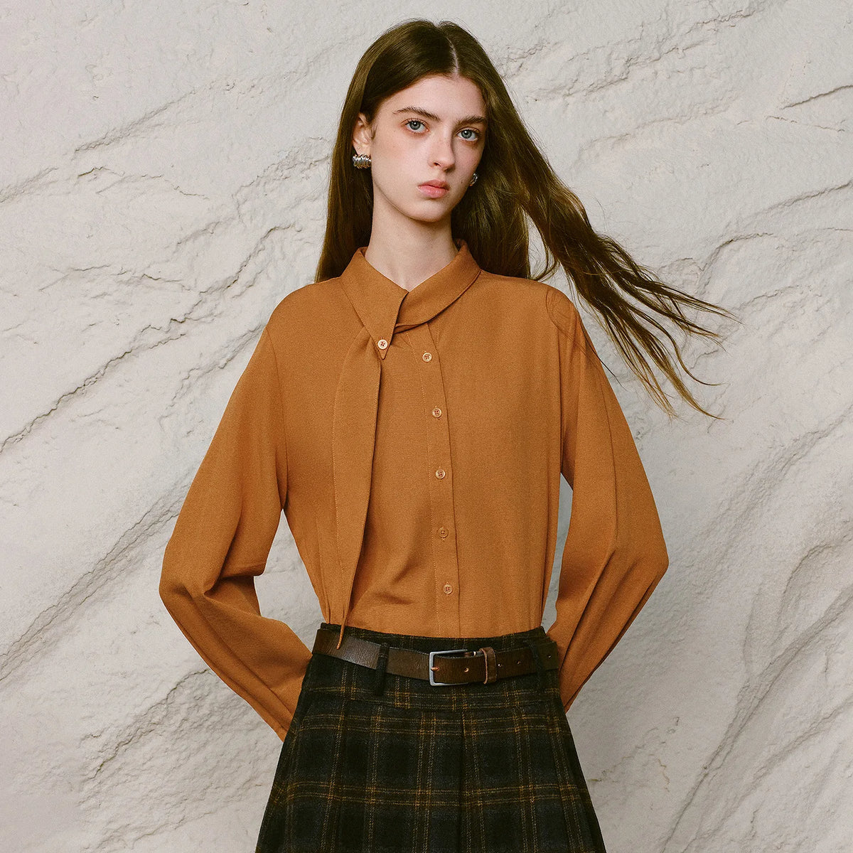 Rounded-Collar Long-Sleeve Blouse