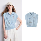 Motif-Detail Sleeveless Collared Top