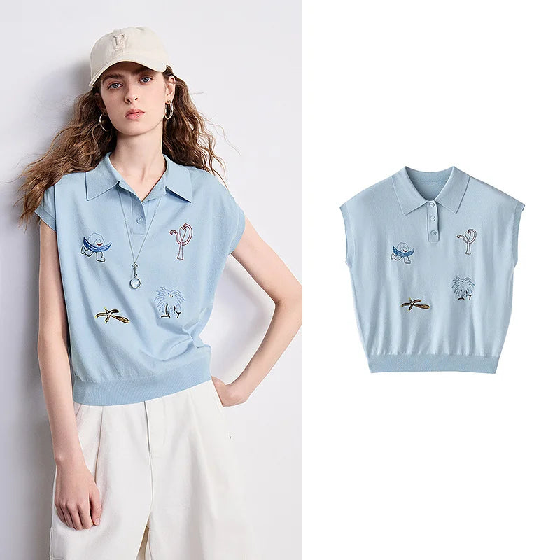 Motif-Detail Sleeveless Collared Top