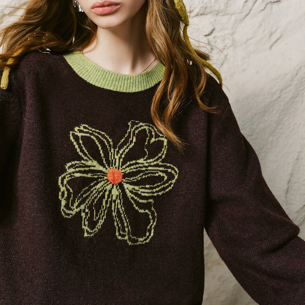 Floral Contrast-Trim Sweater