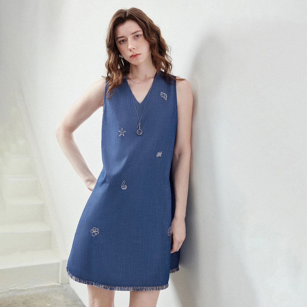 Sea-Motif V-Neck Mini Dress