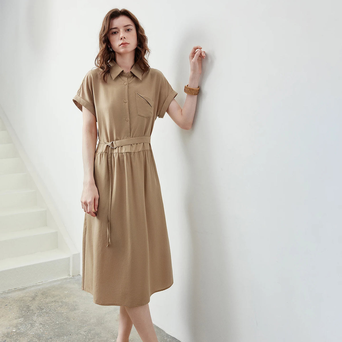 Belted Short-Sleeve Midi Shirt Dress