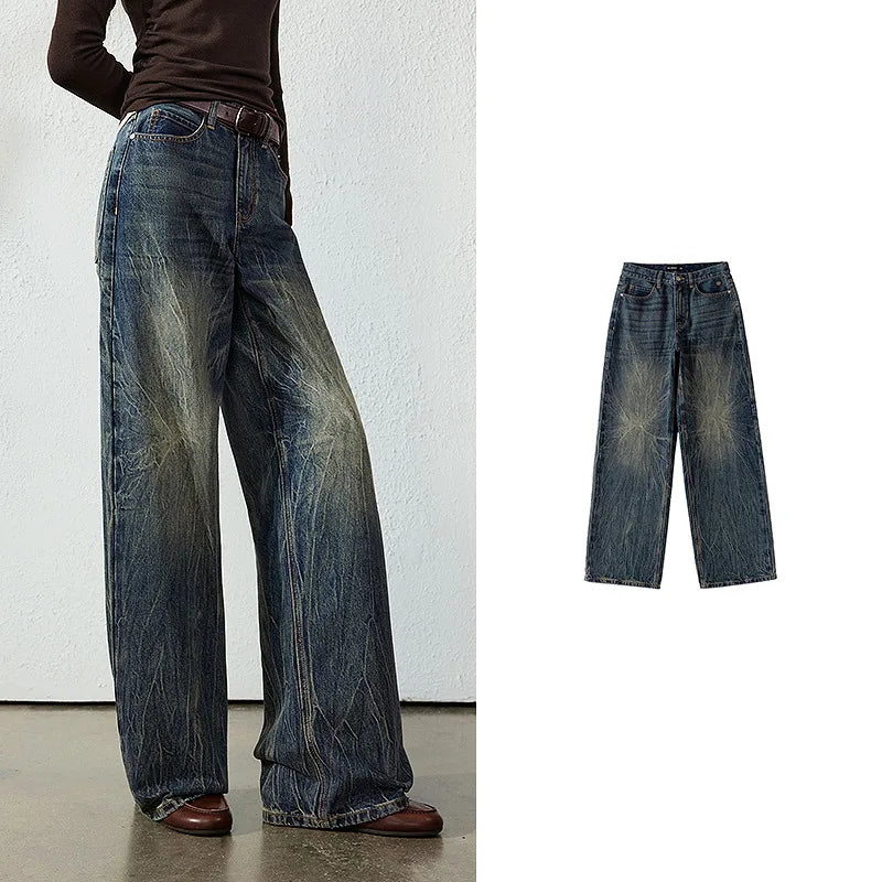 Crackled-Wash Wide-Leg Jeans